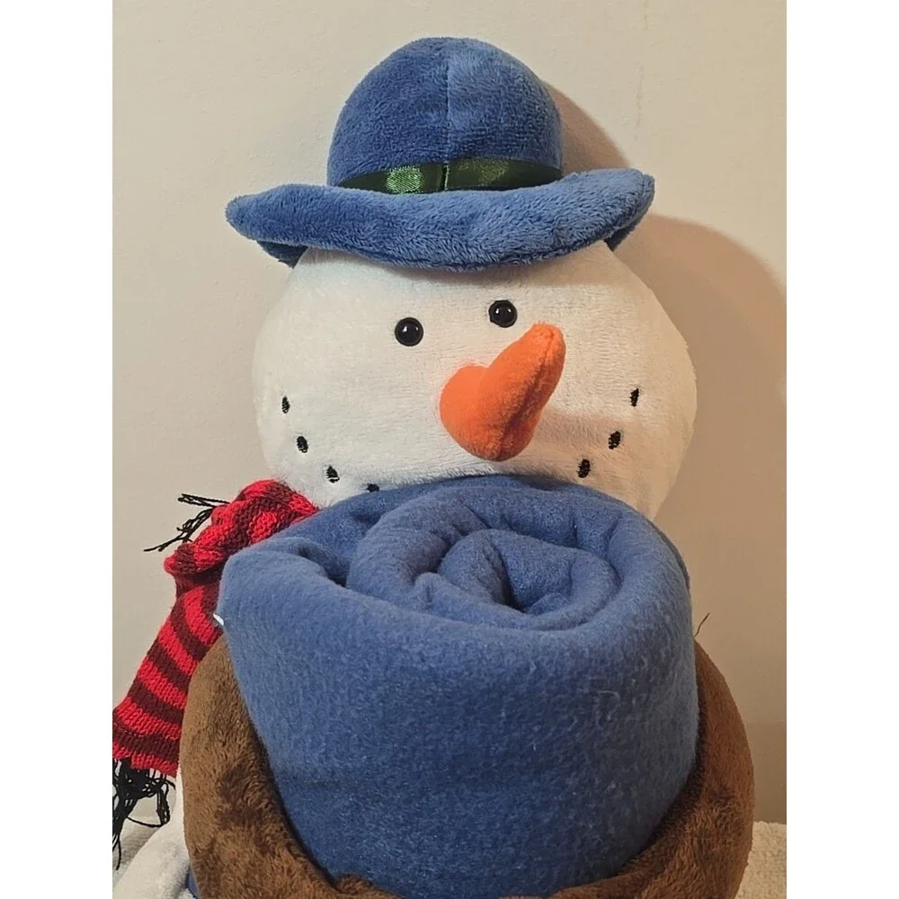 Plush Snowman Holding Blue Fleece Throw Blanket Christmas Cuddly Decoration 2010